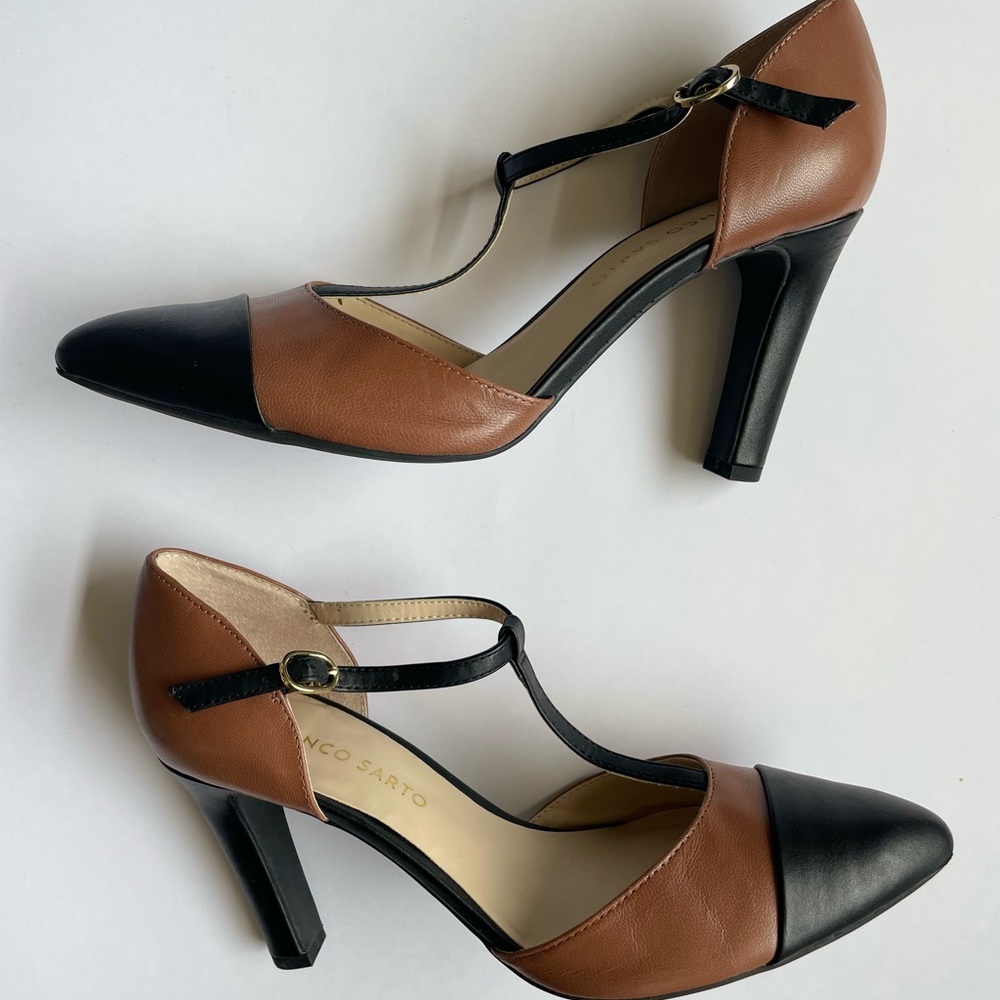Franco Sarto Strappy Two-Tone Tan and Black 3.5" Heels Size 8
